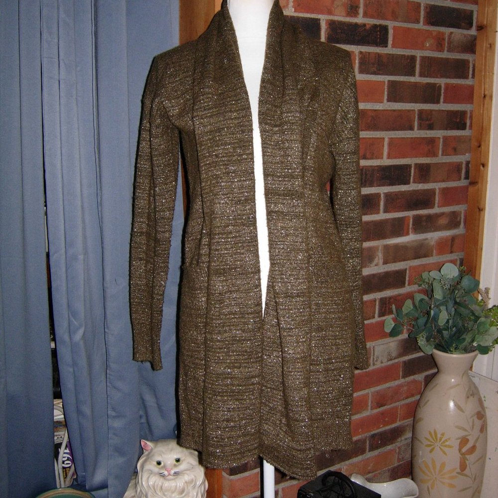 Hinge Dark Green Metallic Open Front Cardigan S